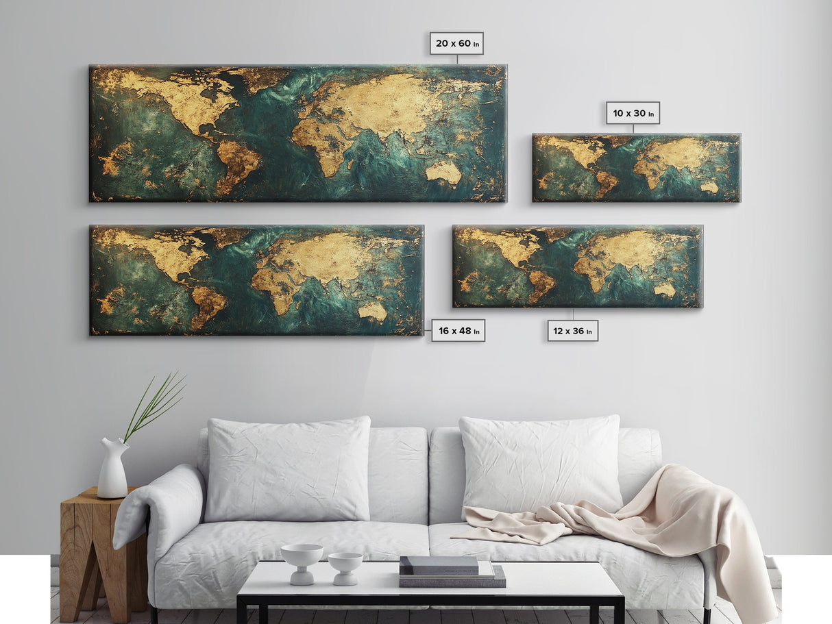 Gold World Map Framed Canvas Print Elegant Travel Wall Art, Luxury Office Decor, Metallic Abstract Map Painting, Modern Home Artwork