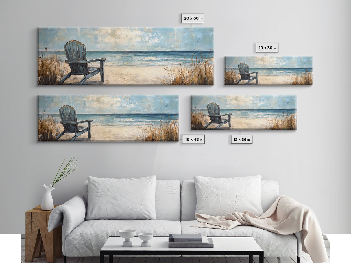 Adirondack Chair Beach Scene, Serene Coastal Landscape Art, Ocean View Wall Decor, Tranquil Bedroom, Framed Canvas Print