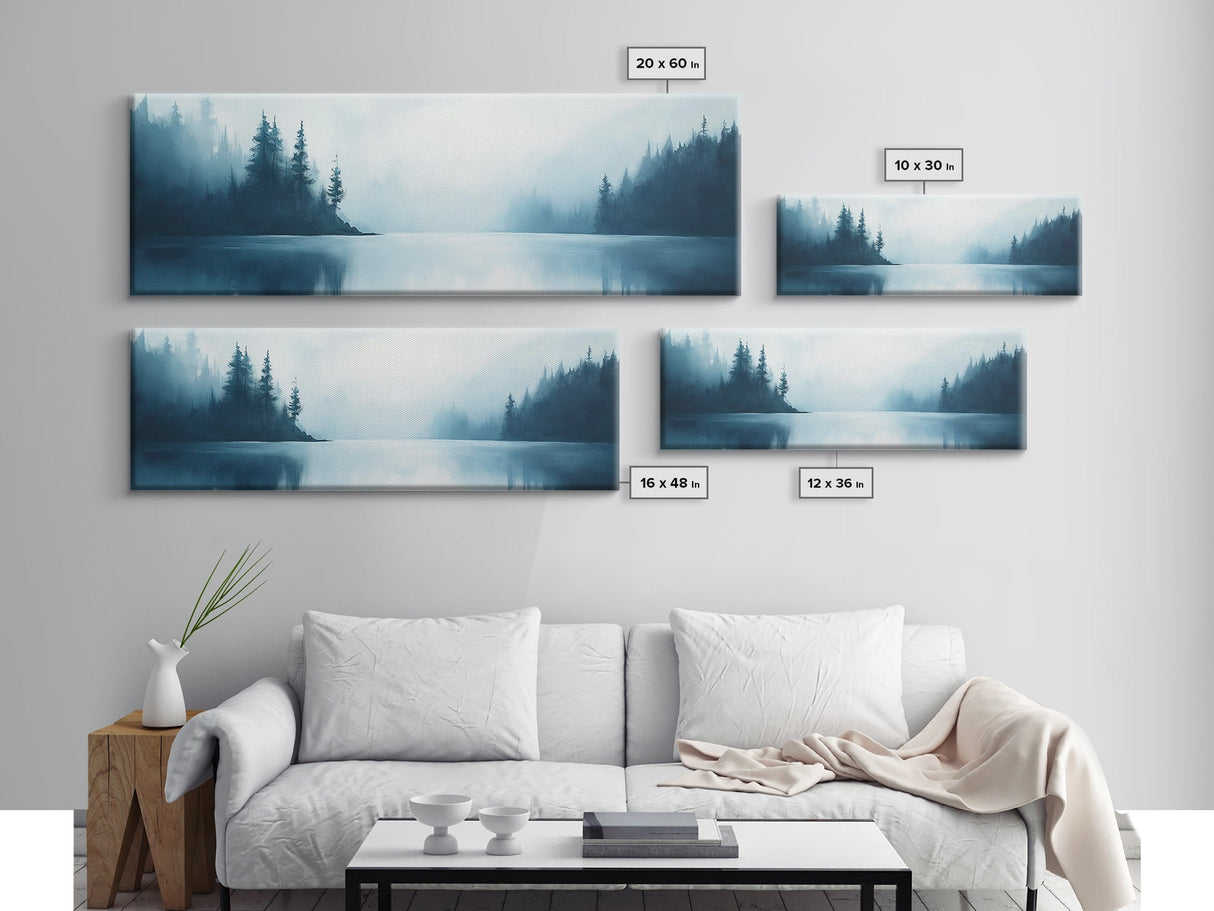 Misty Lake Forest Art, Moody Nature Painting, Blue Foggy Landscape, Tranquil Cabin Decor, Scandinavian Wall Art, Bedroom Art