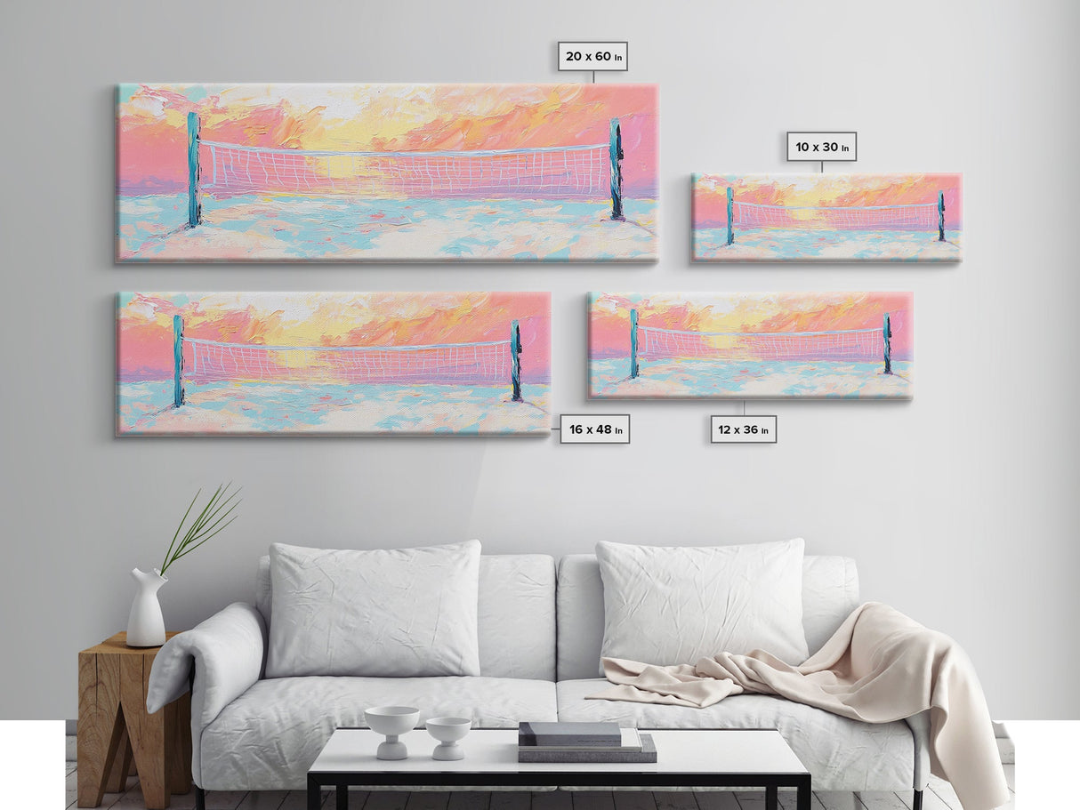 Sunset Beach Volleyball Painting, Pastel Ocean Sports Art, Fun Summer Wall Decor, Playful Living Room, Framed Canvas Print