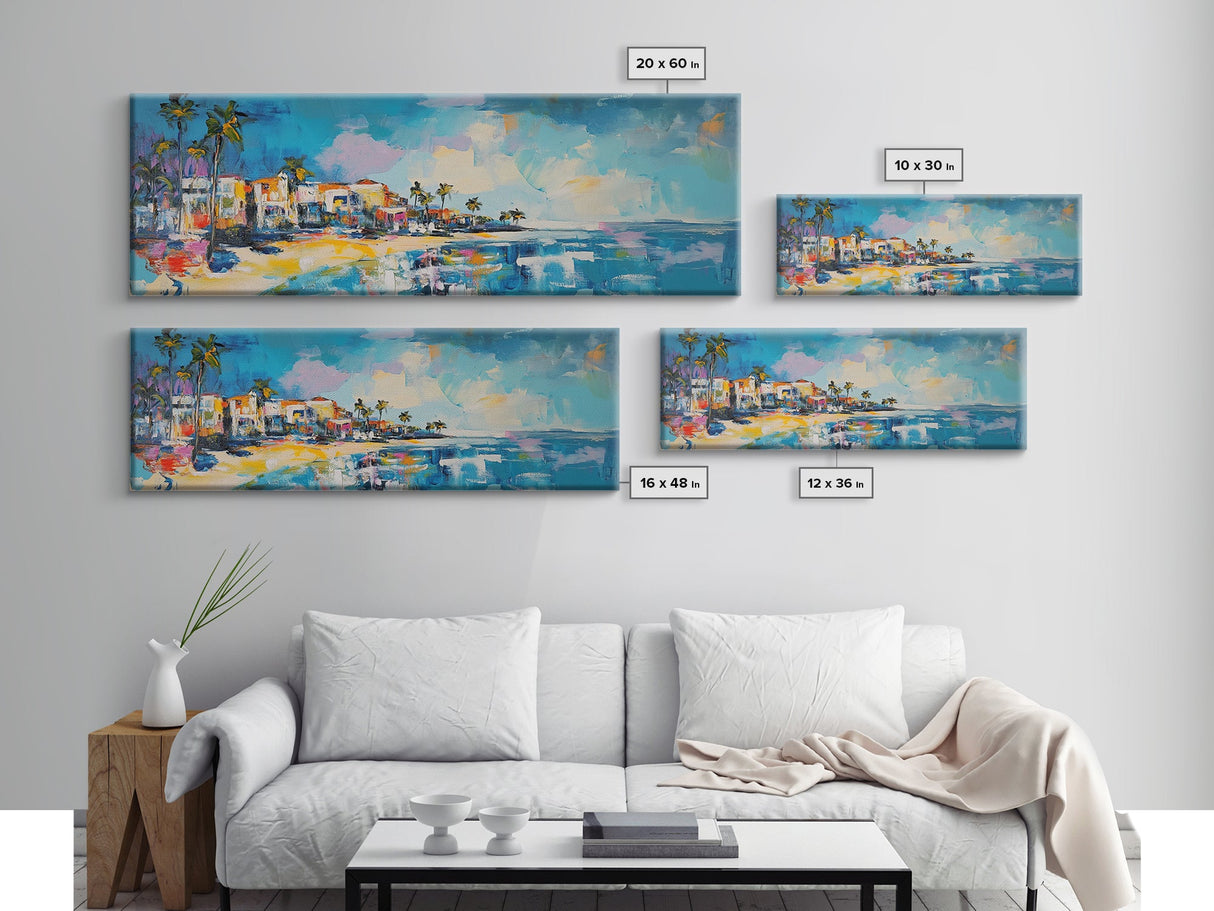 Tropical Beach Houses Framed Canvas Print Coastal Wall Art Vibrant Colorful Painting Modern Decor Large Art Living Room Office Art