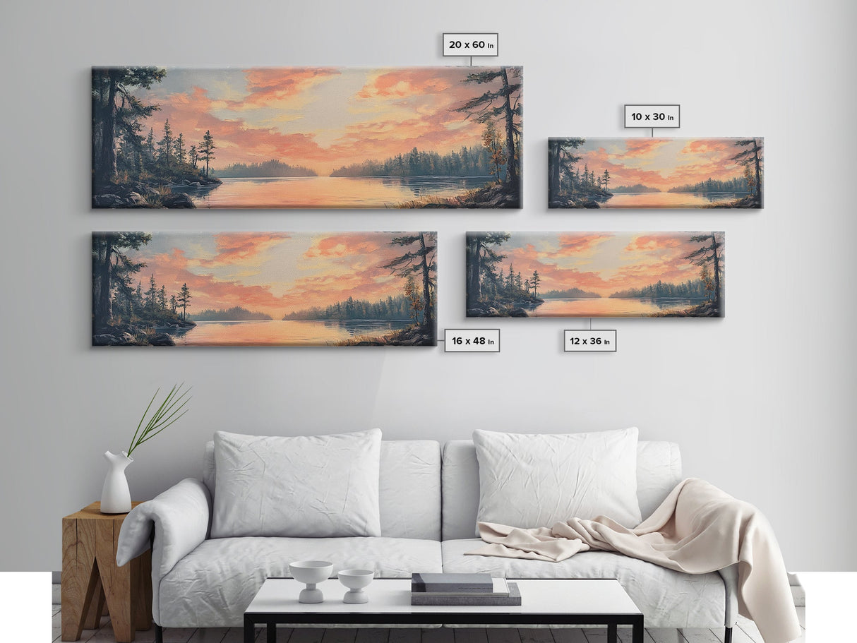 Sunset Lake Reflection Framed Canvas Print Autumn Landscape Warm Tones Nature Wall Art Rustic Cabin Decor Bedroom Living Room