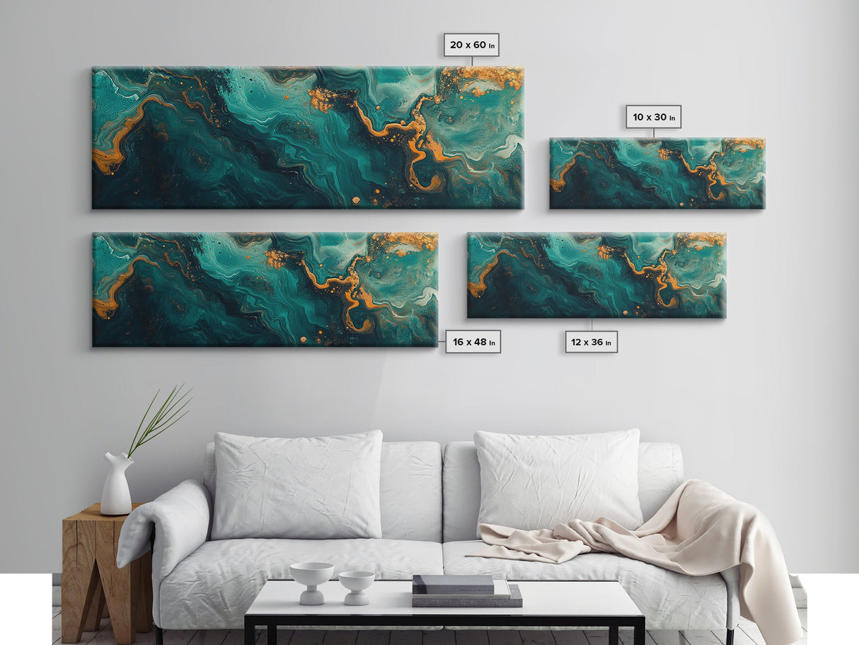 Abstract Fluid Painting Turquoise and Gold Swirl Wall Art Marble Aesthetic Artwork Luxury Modern Decor Dining Room