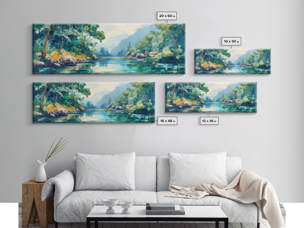 Mountain Lake View Canvas Print, Serene Landscape Painting, Green Nature Wall Art, Living Room Decor, Rustic Cabin Artwork, Gift Idea