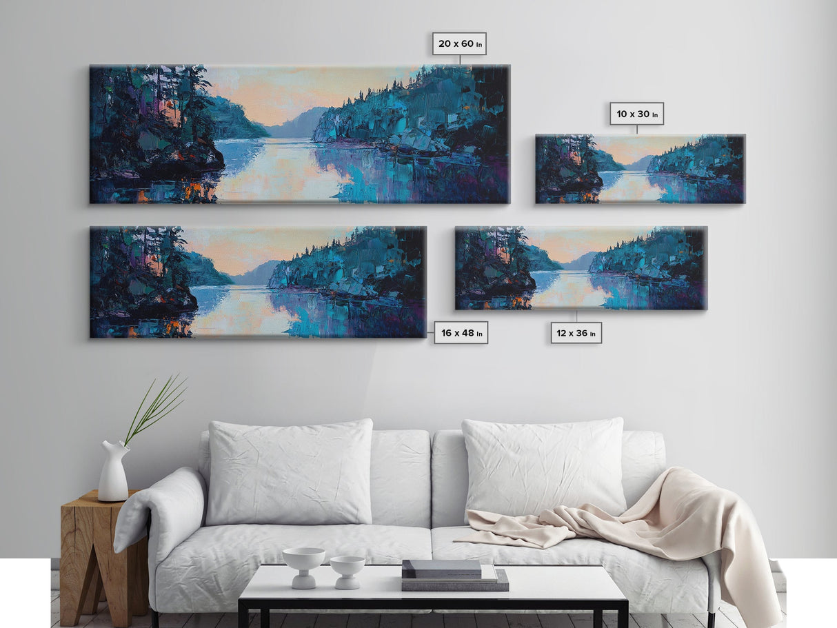 Twilight Lake Reflections Framed Canvas Print, Moody Landscape Painting, Dark Blue Nature Wall Art, Bedroom Art, Wilderness Artwork