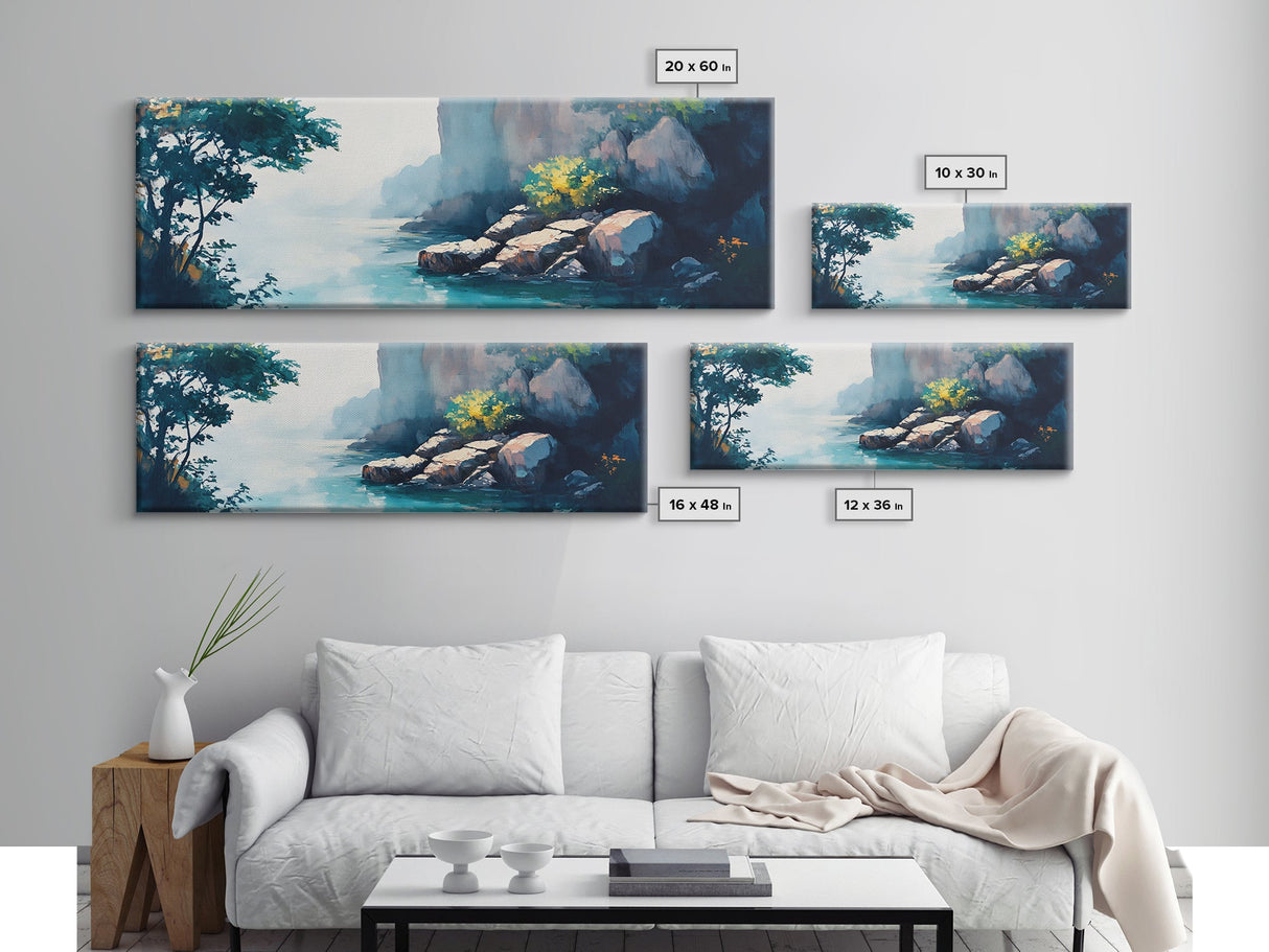 Misty Canyon River Framed Canvas Print, Serene Landscape Painting, Tranquil Nature Art, Zen Wall Decor, Bedroom Relaxation Artwork