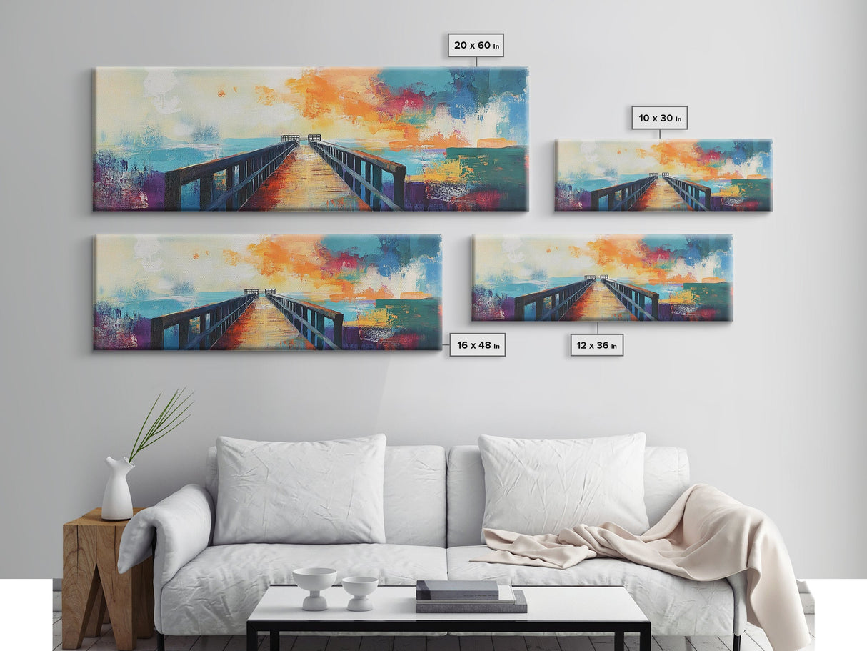 Sunset Pier Canvas Print Vibrant Coastal Wall Art Colorful Dock Painting Beach House Decor Abstract Landscape Nautical Living Room