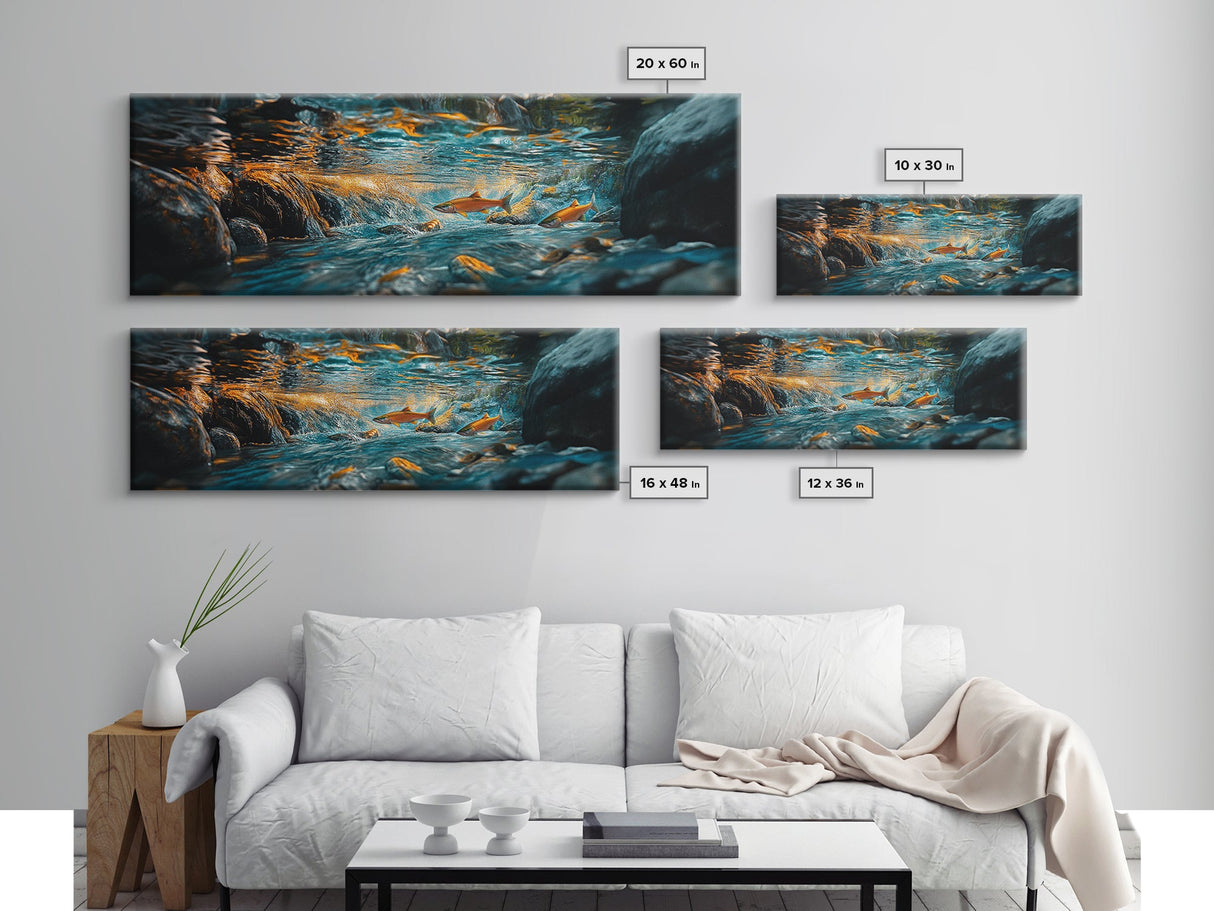 Vibrant Underwater River Scene Framed Canvas Print, Nature Wall Art, Rustic Cabin Decor, Wildlife Painting, Living Room Art