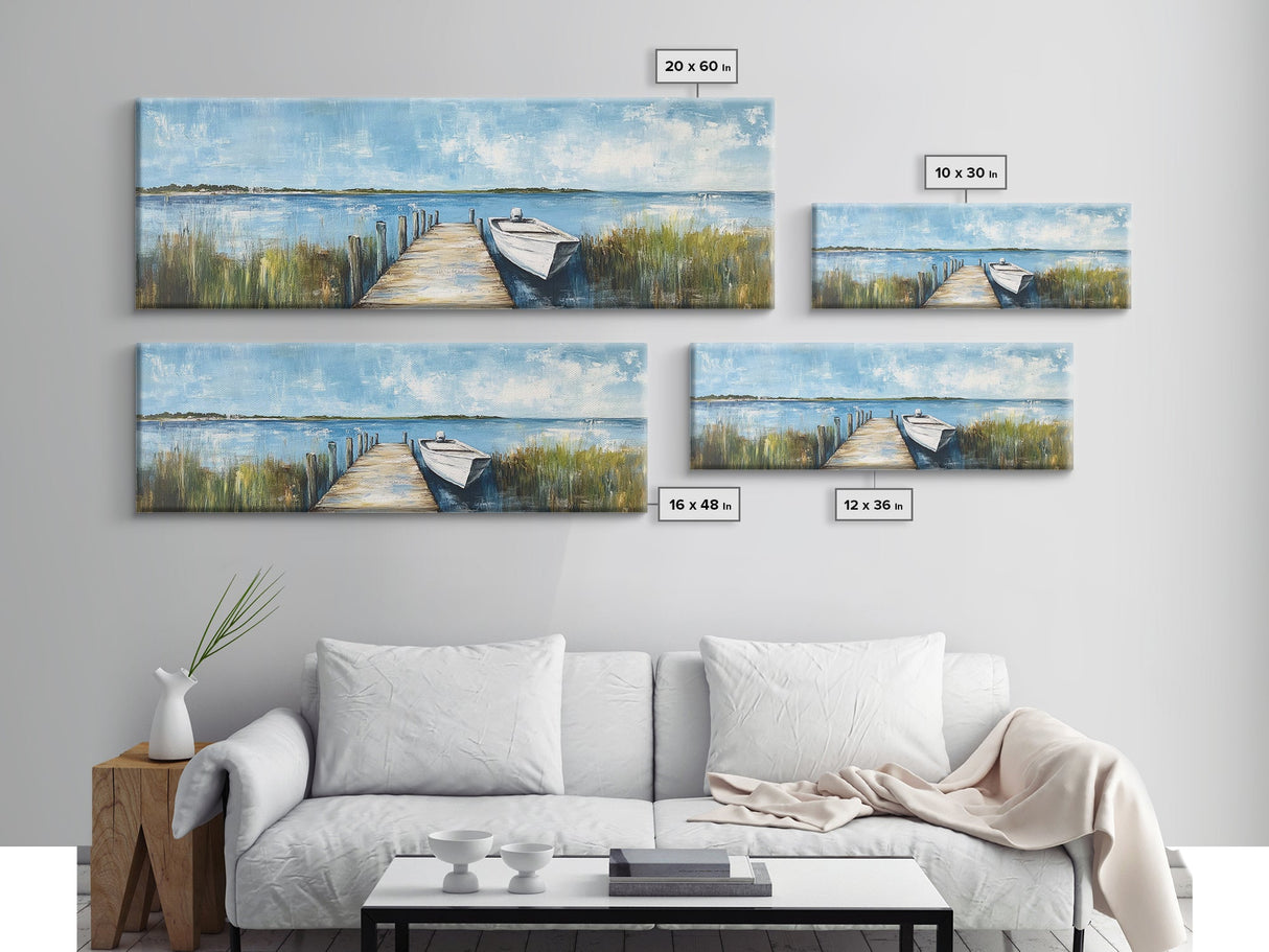 Lakeside Dock Framed Canvas Print Tranquil Waterfront Art Boat Painting Relaxing Cabin Decor Nautical Wall Art Rustic Living Room