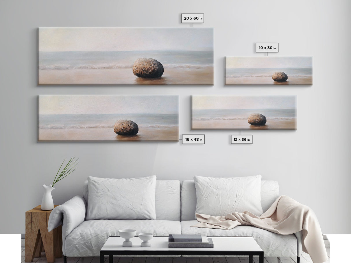 Tranquil Beach Rock Canvas Print Minimalist Wall Art Coastal Zen Painting Neutral Living Room Wall Art Serene Ocean Decor