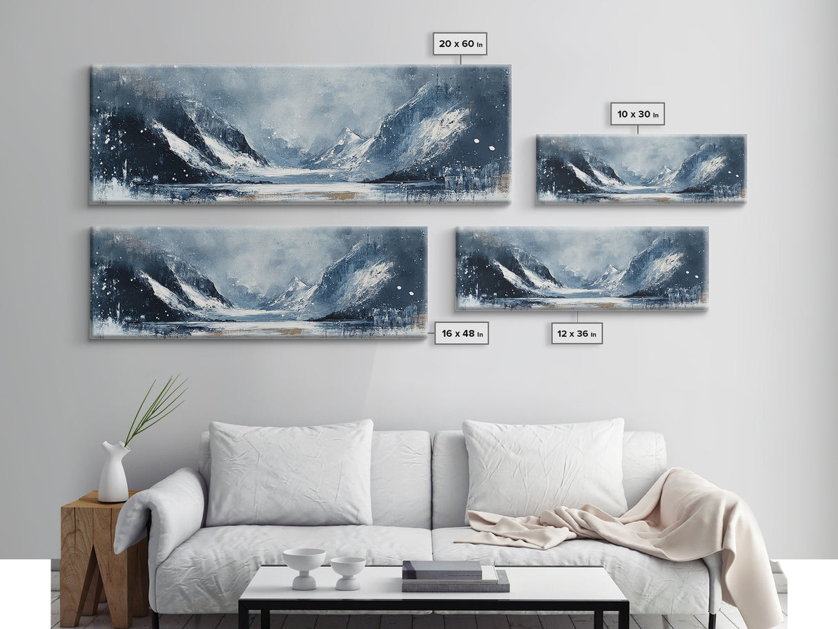 Moody Winter Mountains Framed Canvas Print Dark Landscape Painting Snowy Peaks Rustic Cabin Wall Art Lodge Decor Adventure Gift