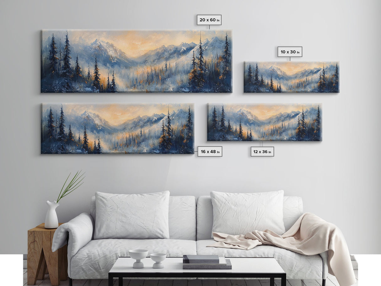 Misty Forest Sunrise Canvas Print Mountain Landscape Painting Nature Inspired Rustic Wall Art Cozy Living Room Decor Fall Aesthetic