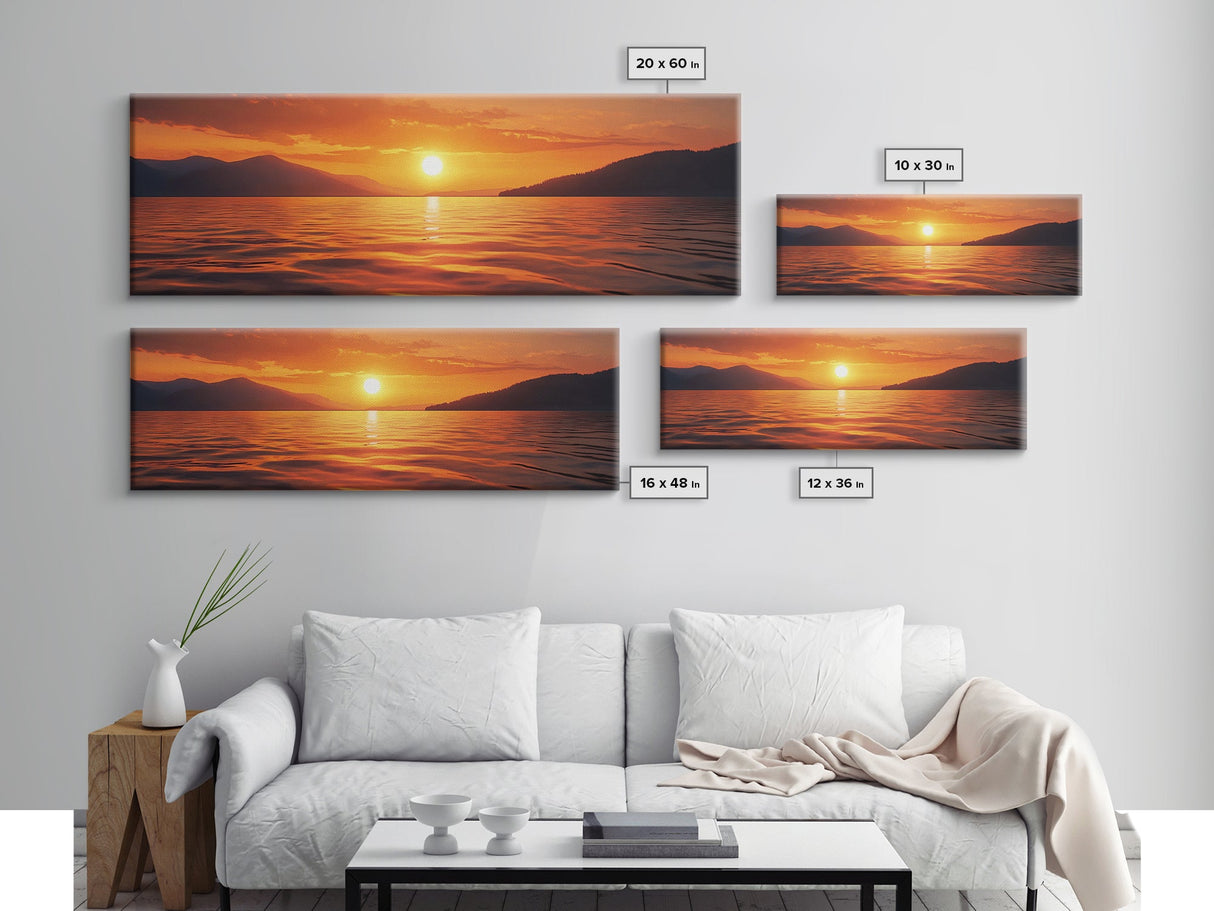 Golden Sunset, Serene Lake Painting, Tranquil Water Art, Nature Decor, Framed Canvas Print, Minimalist Style, Bedroom Artwork