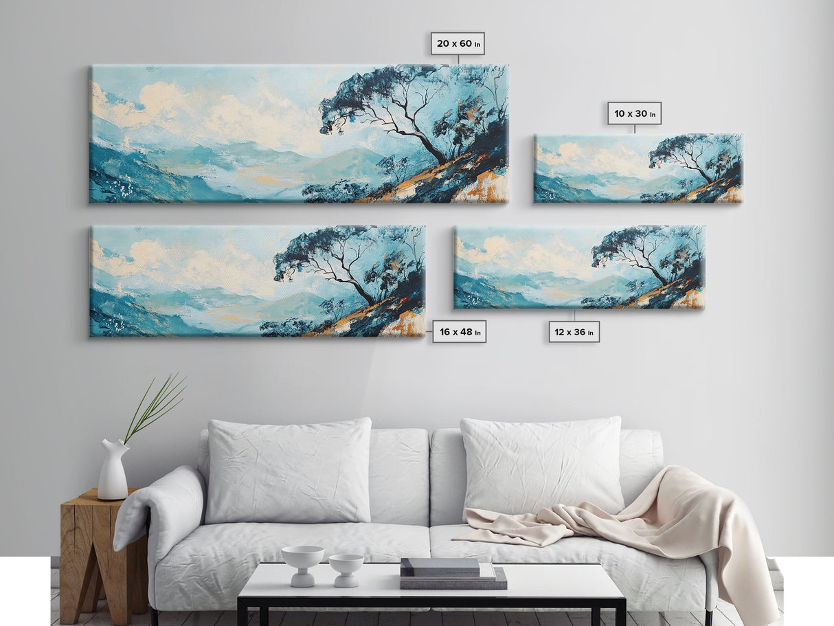 Blue Mountains, Windswept Tree, Minimalist Wall Art, Canvas Print, Modern Landscape, Bedroom Decor, Serene Nature Painting, Abstract Art