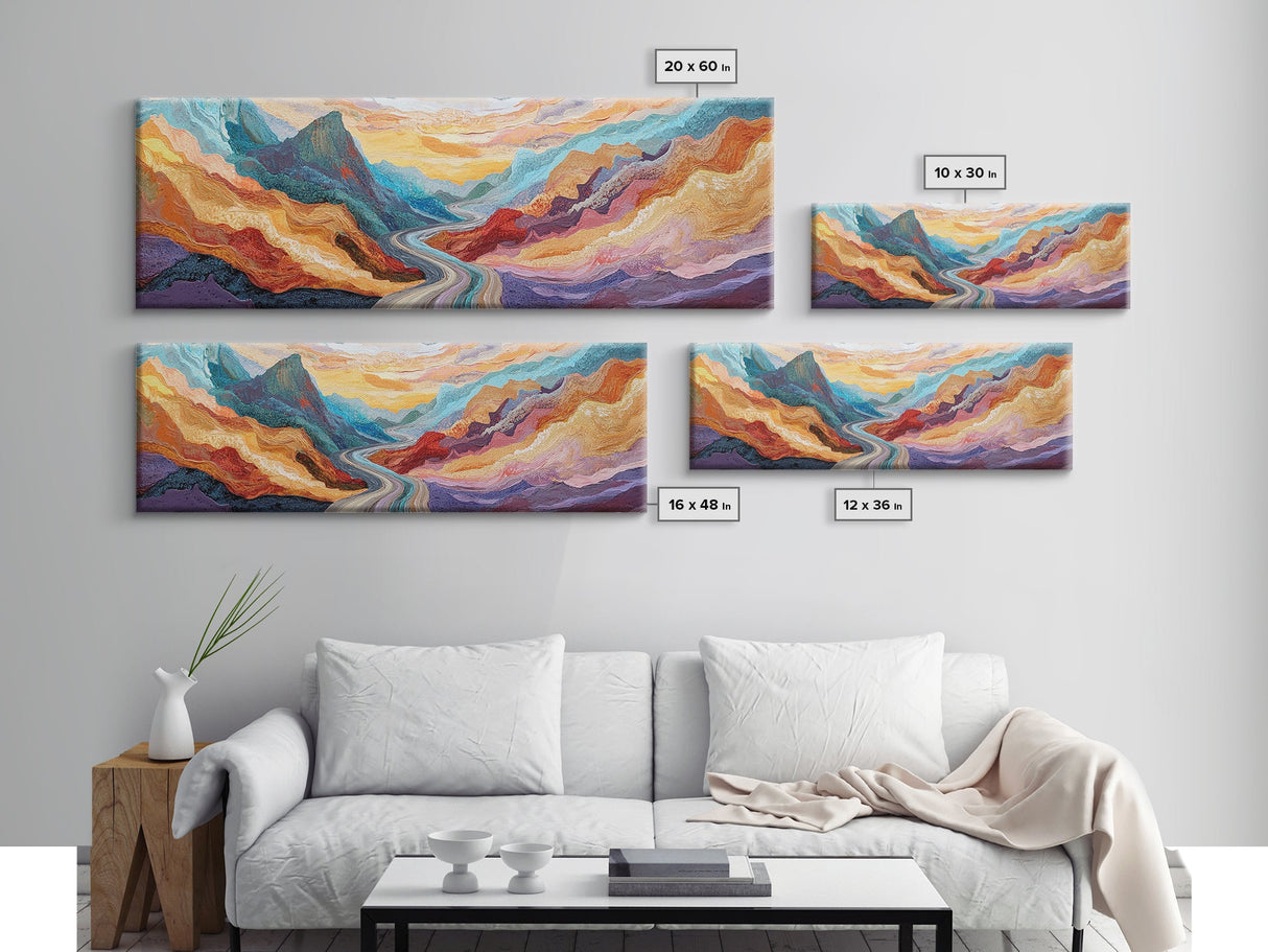 Desert Road, Colorful Mountain Art, Southwestern Landscape Painting, Earthy Boho Decor, Living Room Art, Canyon Print, Canvas Print