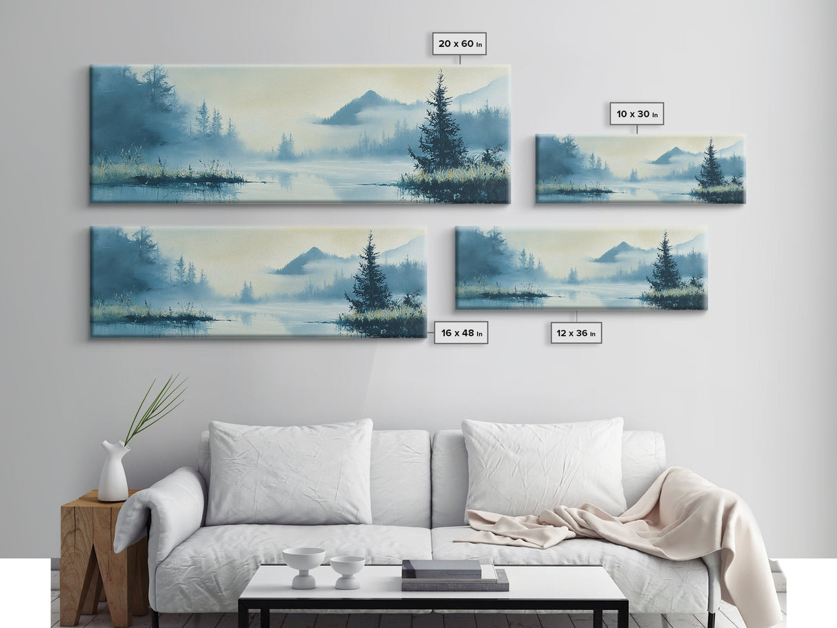 Foggy Mountain Lake Framed Canvas Print Tranquil Nature Wall Art, Misty Forest Landscape, Cool Blue Artwork, Cabin or Office Decor