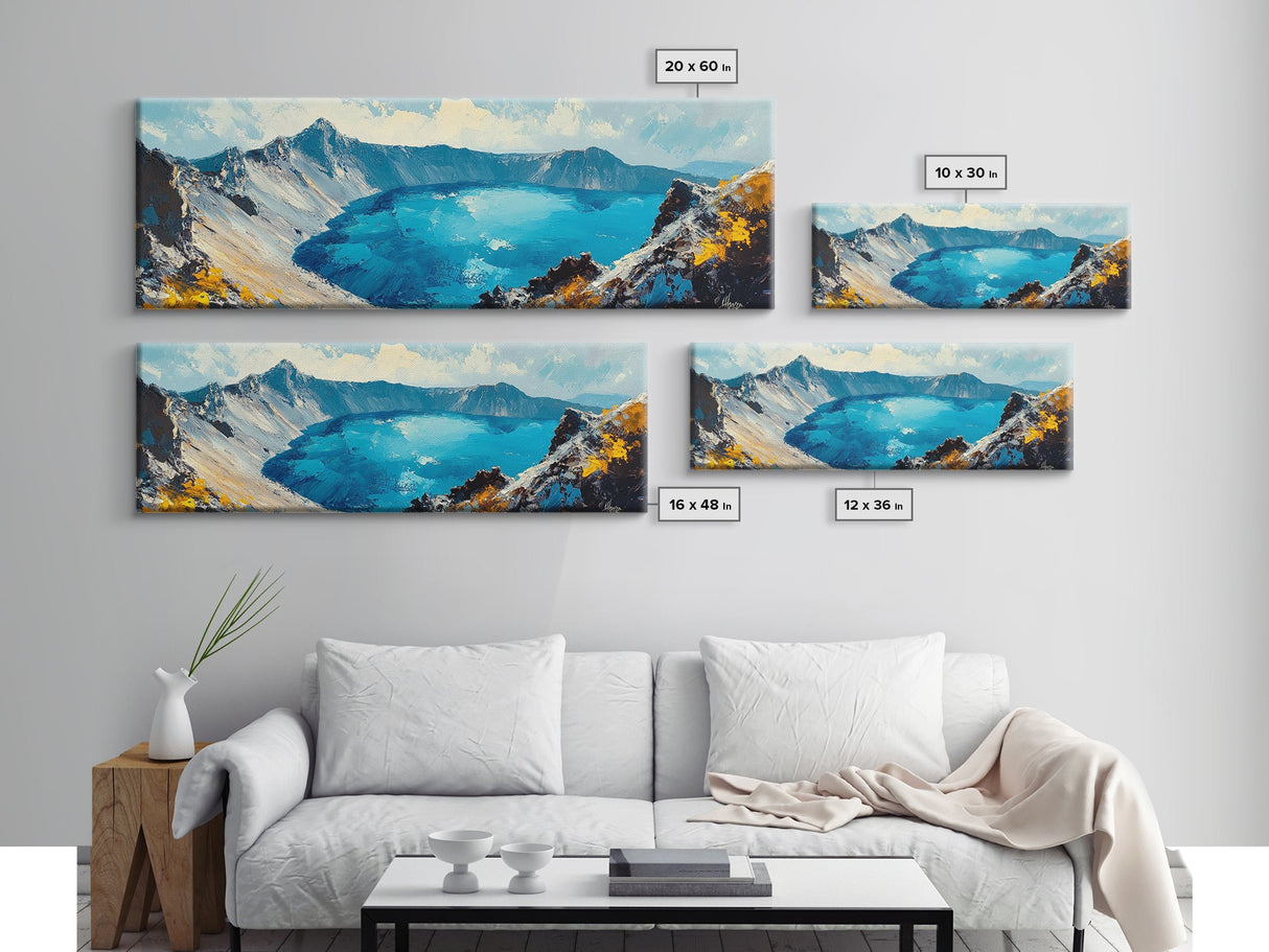 Crater Lake Landscape Framed Canvas Print Majestic Mountain Wall Art, Textured Impasto Painting, Nature Inspired Living Room Decor