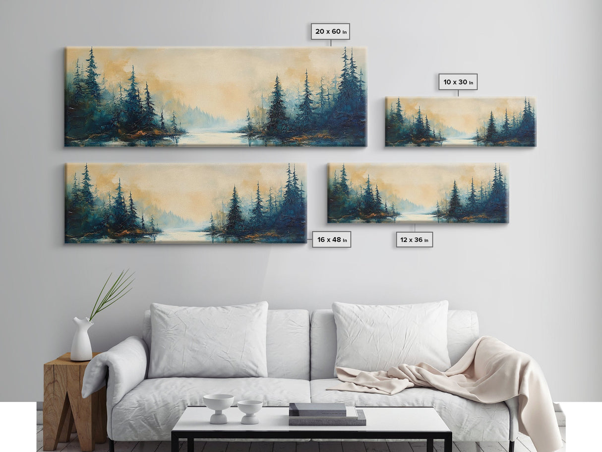 Misty Forest Landscape Wall Art, Blue and Gold Nature Painting, Rustic Cabin Decor, Cozy Woodland Art, Fall Living Room Artwork