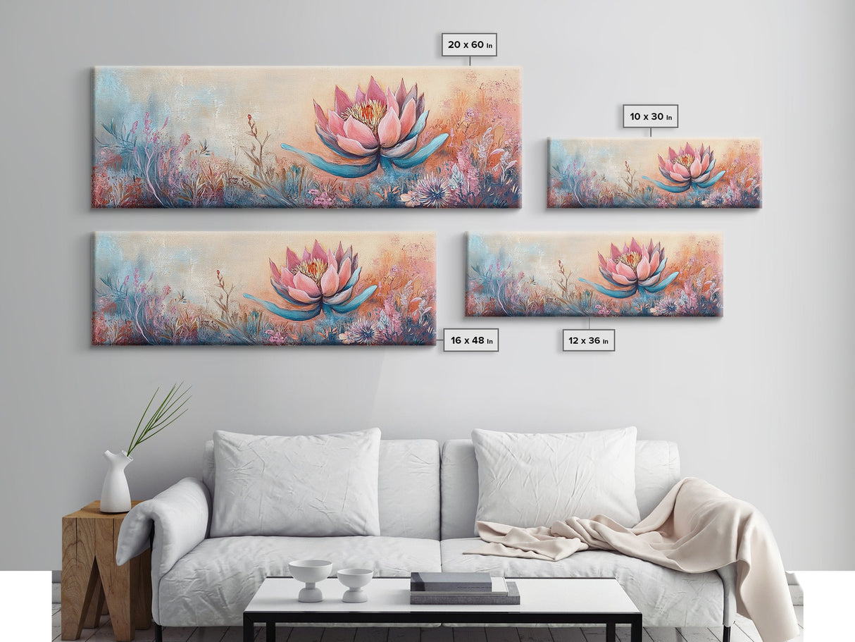 Print Blooming Lotus Flower Wall Art, Boho Floral Artwork, Feminine Botanical Decor, Bedroom Art, Pink and Blue Painting