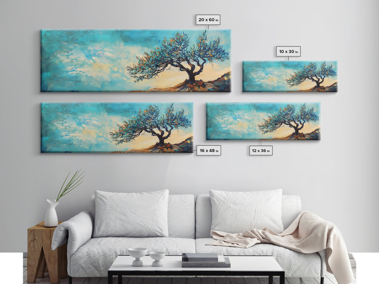 Windswept Tree Landscape Wall Art, Minimalist Nature Painting, Serene Sky Artwork, Zen Meditation Room Decor, Earthy Tones