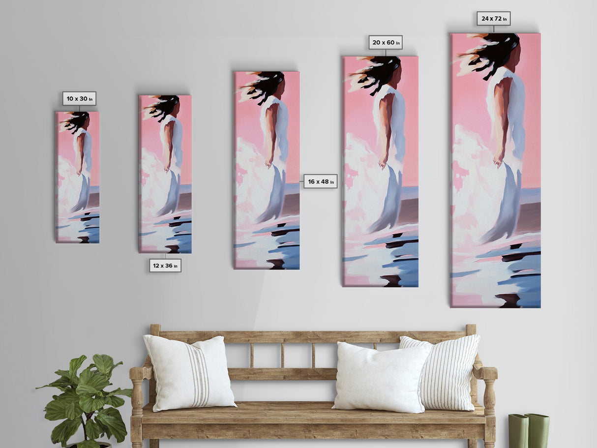 Windblown Woman, Feminine Wall Art, Dreamy Pastel Painting, Ethereal Beach Scene, Boho Chic Home, Minimalist Figure, Canvas Print