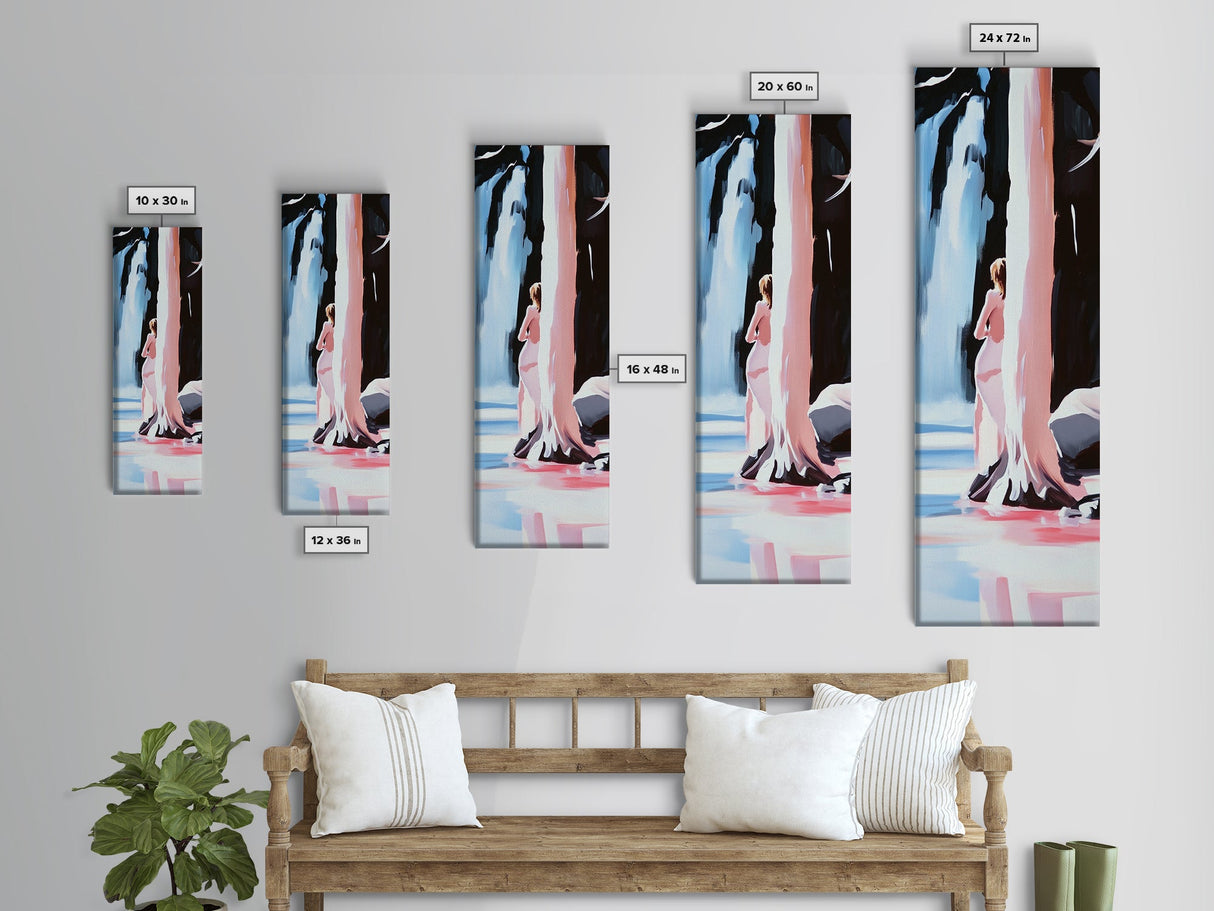 Waterfall Serenity, Nature Wall Art, Ethereal Woman Painting, Peaceful River Scene, Romantic Pastel Decor, Bohemian Home, Canvas Print