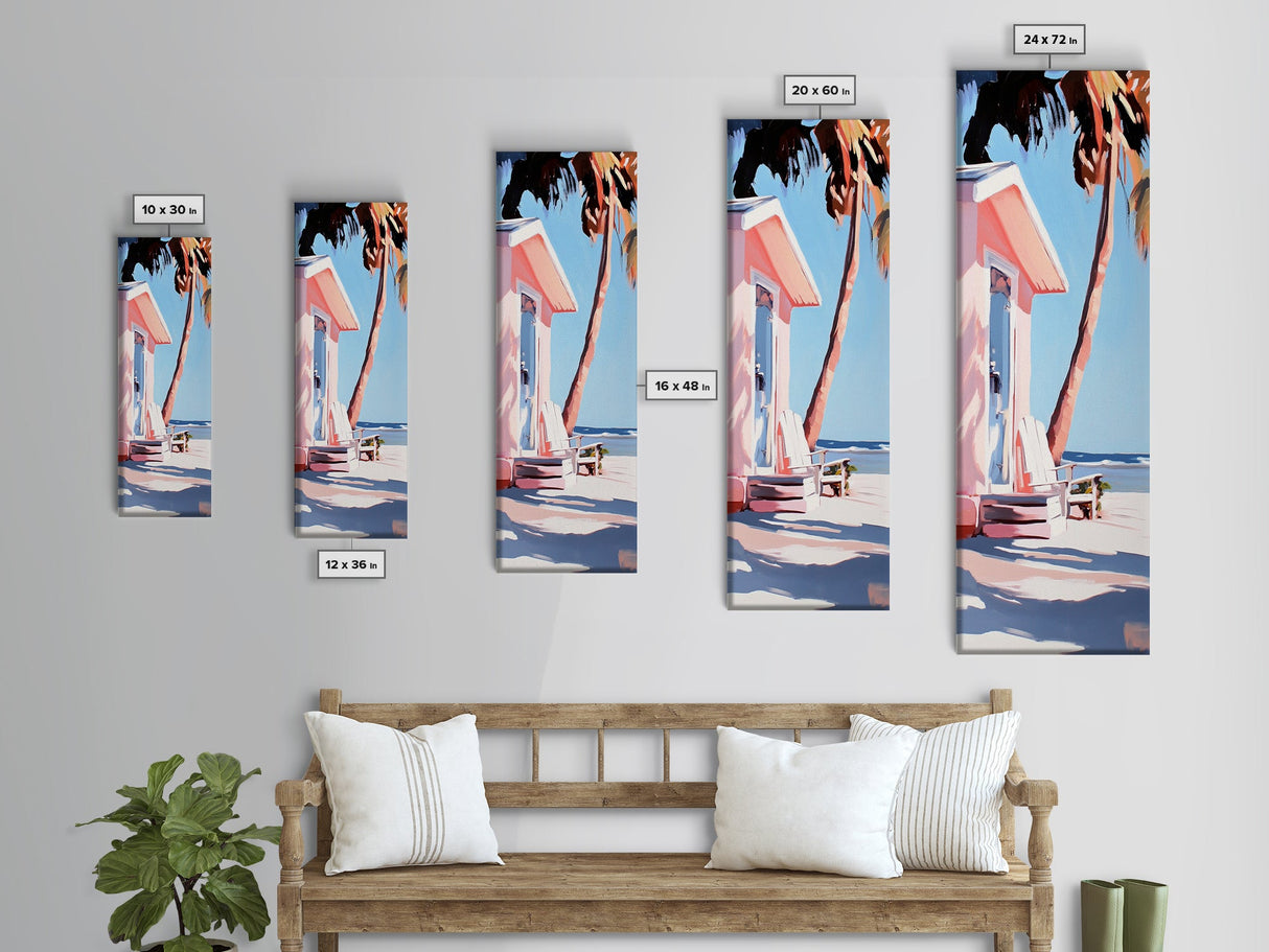 Pink Beach House, Coastal Retreat, Palm Tree Art, Framed Canvas Print, Tropical Decor, Modern Minimalist, Vacation Vibes, Wall Art