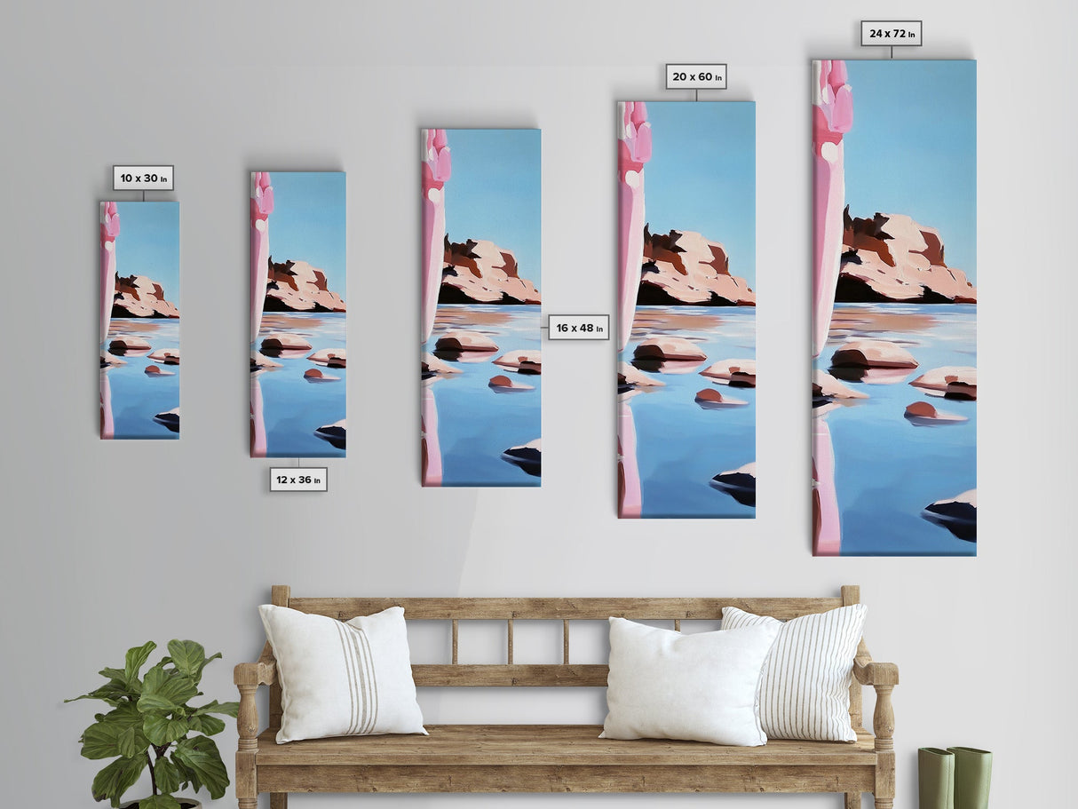 Rocky Shore, Lake Scene, Tranquil Nature Painting, Framed Canvas Print, Serene Water Reflection, Earthy Coastal Art, Living Room Decor