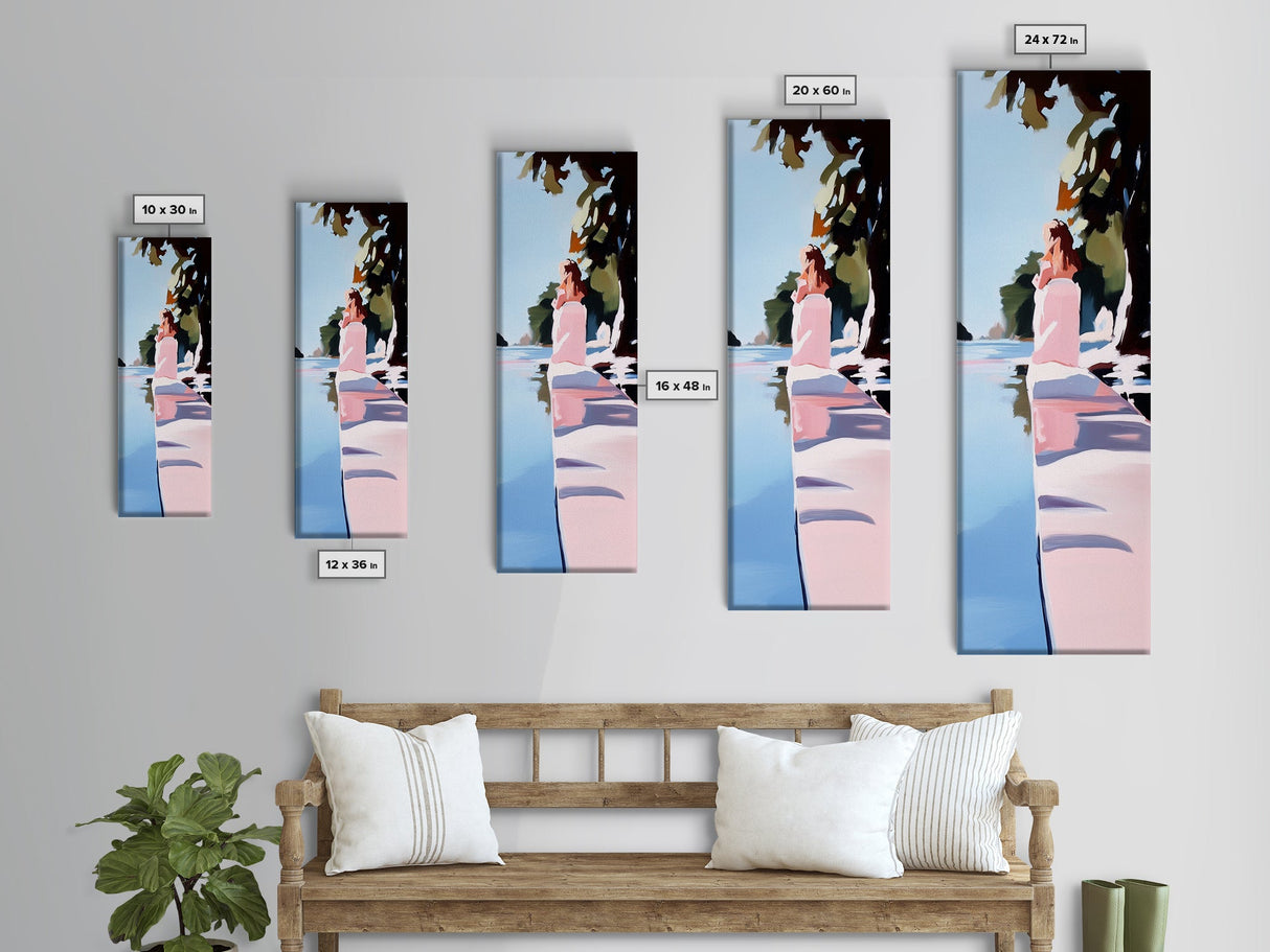 Woman by Water, Tranquil Scene, Framed Canvas Print, Serene Nature Art, Soft Pastel Aesthetic, Modern Minimalist, Dreamy Wall Decor