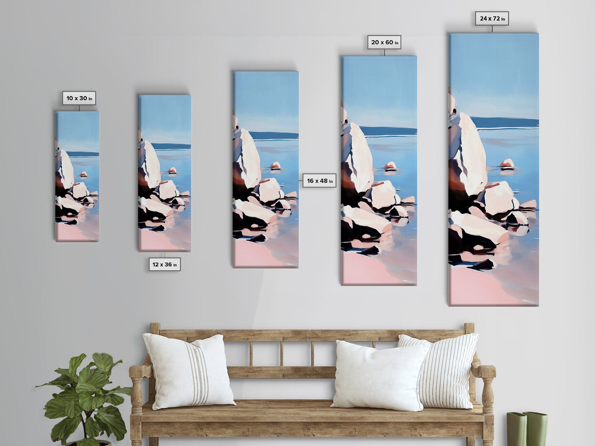 Rocky Shoreline, Minimalist Coastal Art, Nature Inspired Painting, Earthy Tones, Tranquil Beach Scene, Ocean View, Canvas Print