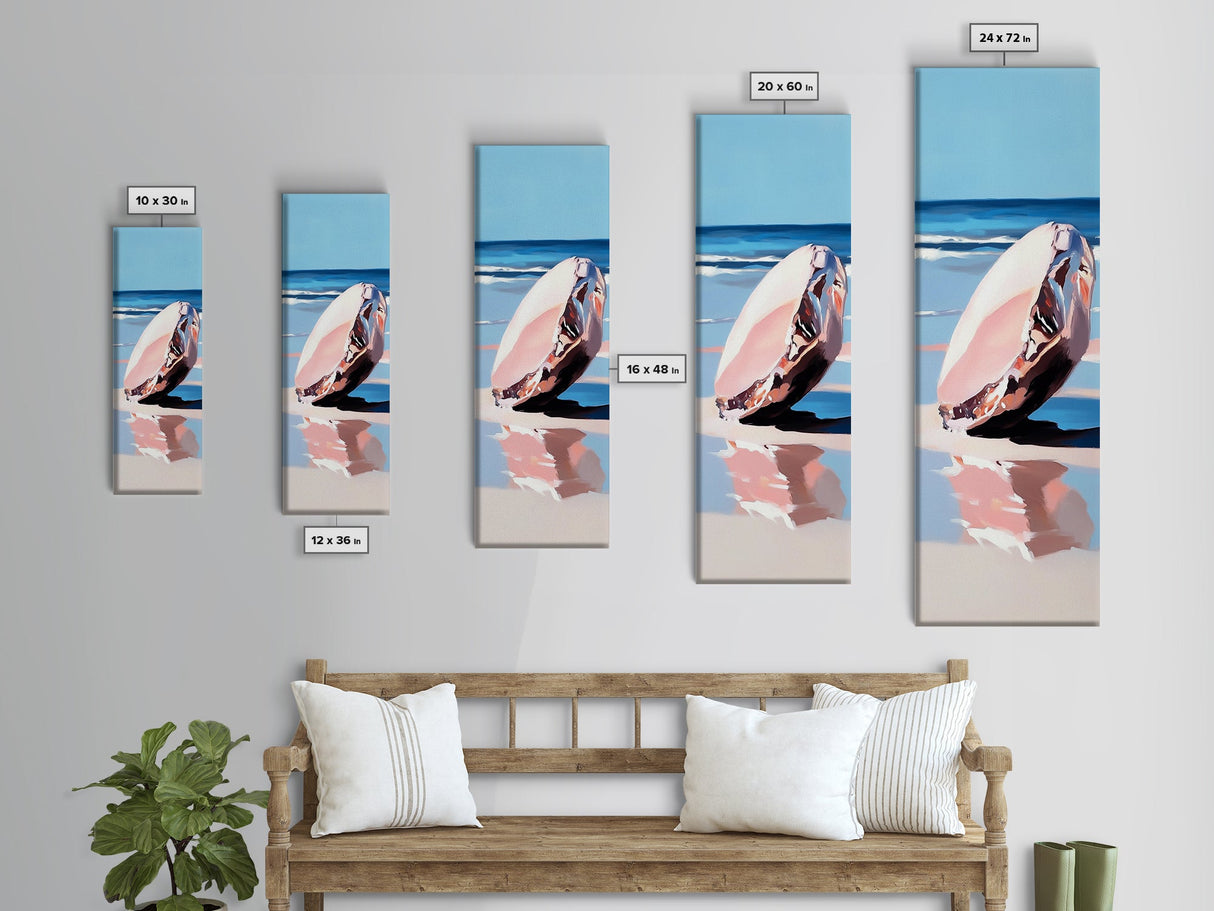Seashell, Ocean, Beach Art, Coastal, Minimalist, Blue, White, Natural Decor, Modern Home, Bathroom, Framed Canvas Print
