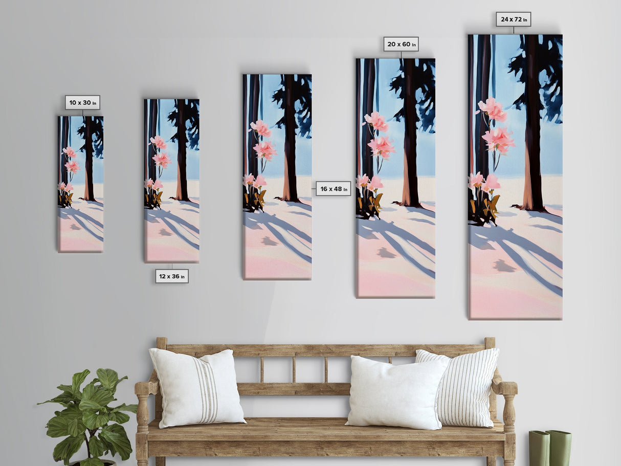 Floral Winter, Botanical Wall Art, Pink Flower Snow Scene, Nature-Inspired Artwork, Minimalist Forest Painting, Canvas Print, Office Wall Art