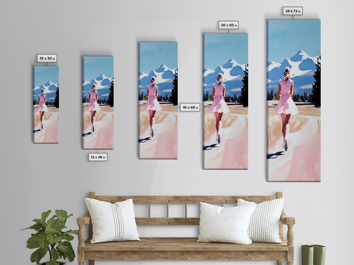 Mountain Runner, Pink Dress, Scenic Landscape Art, Framed Canvas Print, Minimalist Wall Art, Nature Lover, Bedroom Wall Art