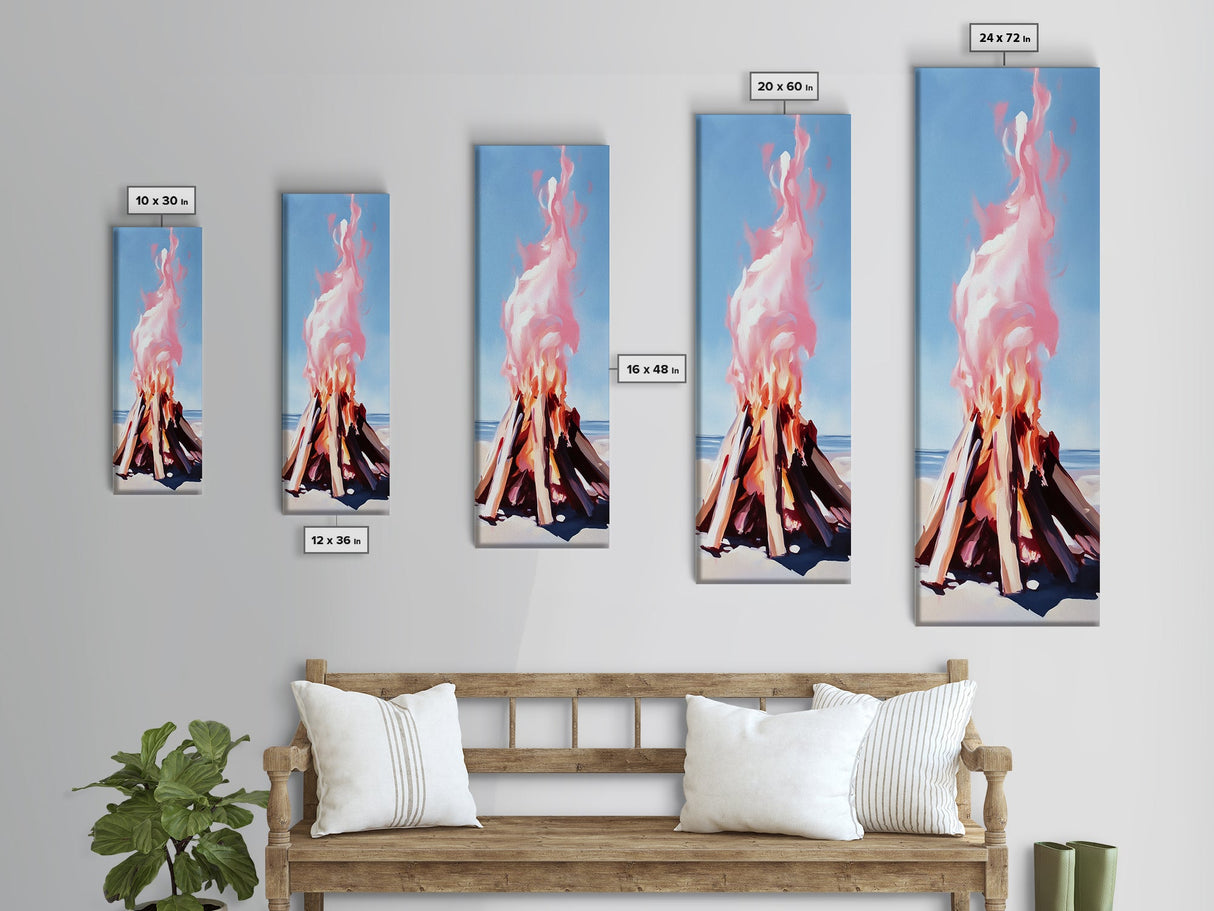 Beach Campfire, warm fall decor, rustic wilderness art, outdoor adventure painting, cozy cabin vibes, framed canvas print