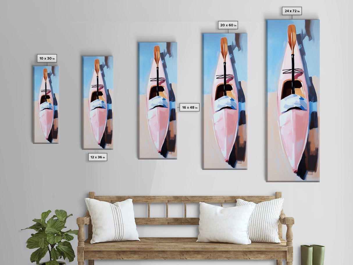Kayak on Sand, adventure art, beach lover’s decor, soft pastel painting, nature wall art, modern boho aesthetic, framed canvas print