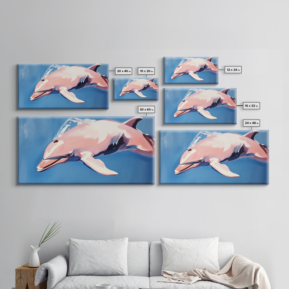 Dolphin Painting, Ocean Wall Art, Coastal Home Decor, Marine Life Artwork, Blue and Pink Art, Beach House Art, Framed Canvas Print
