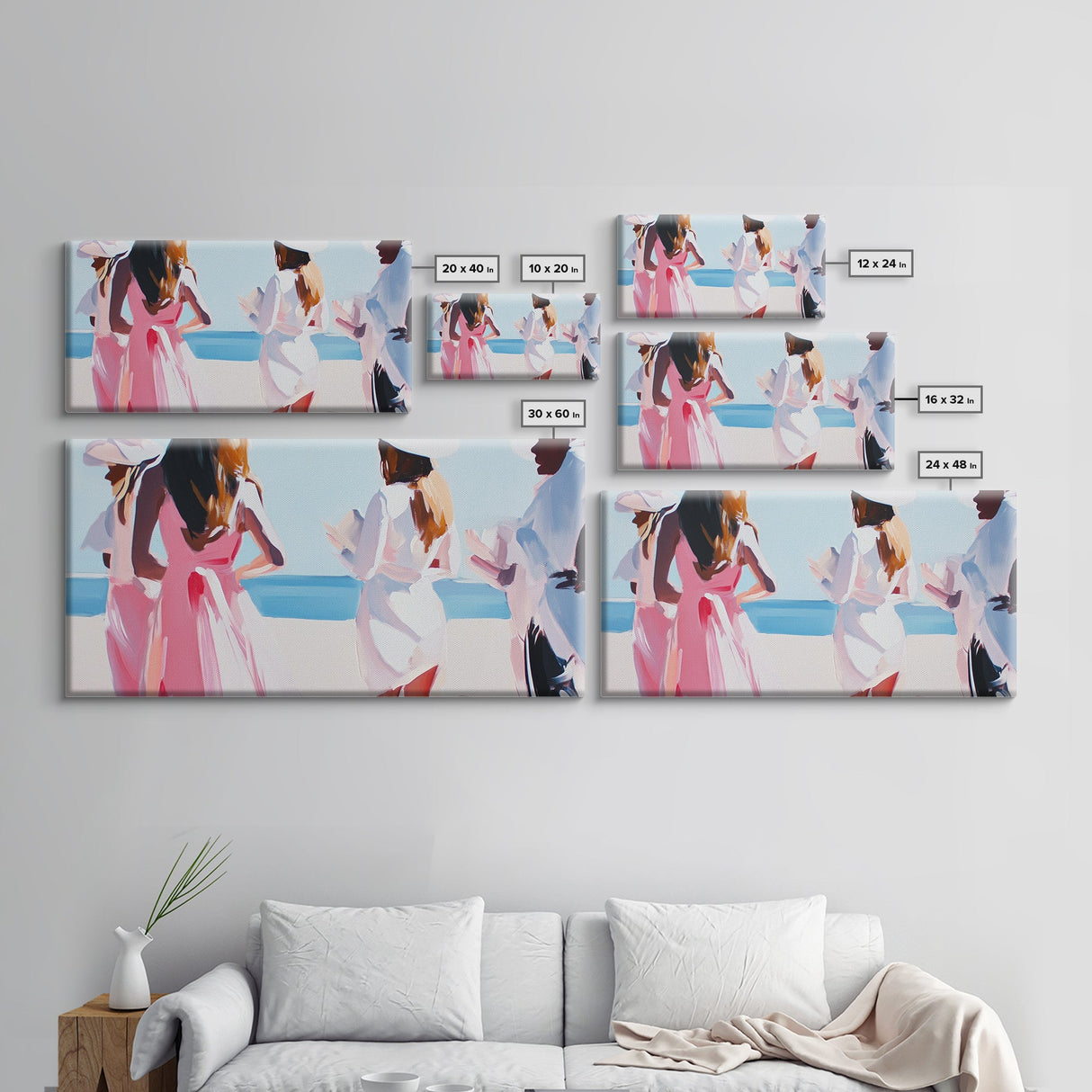 Beach Wedding Art, Elegant Women Painting, Soft Pastel Coastal Decor, Feminine Ocean Scene, Chic Minimalist Aesthetic, Canvas Print