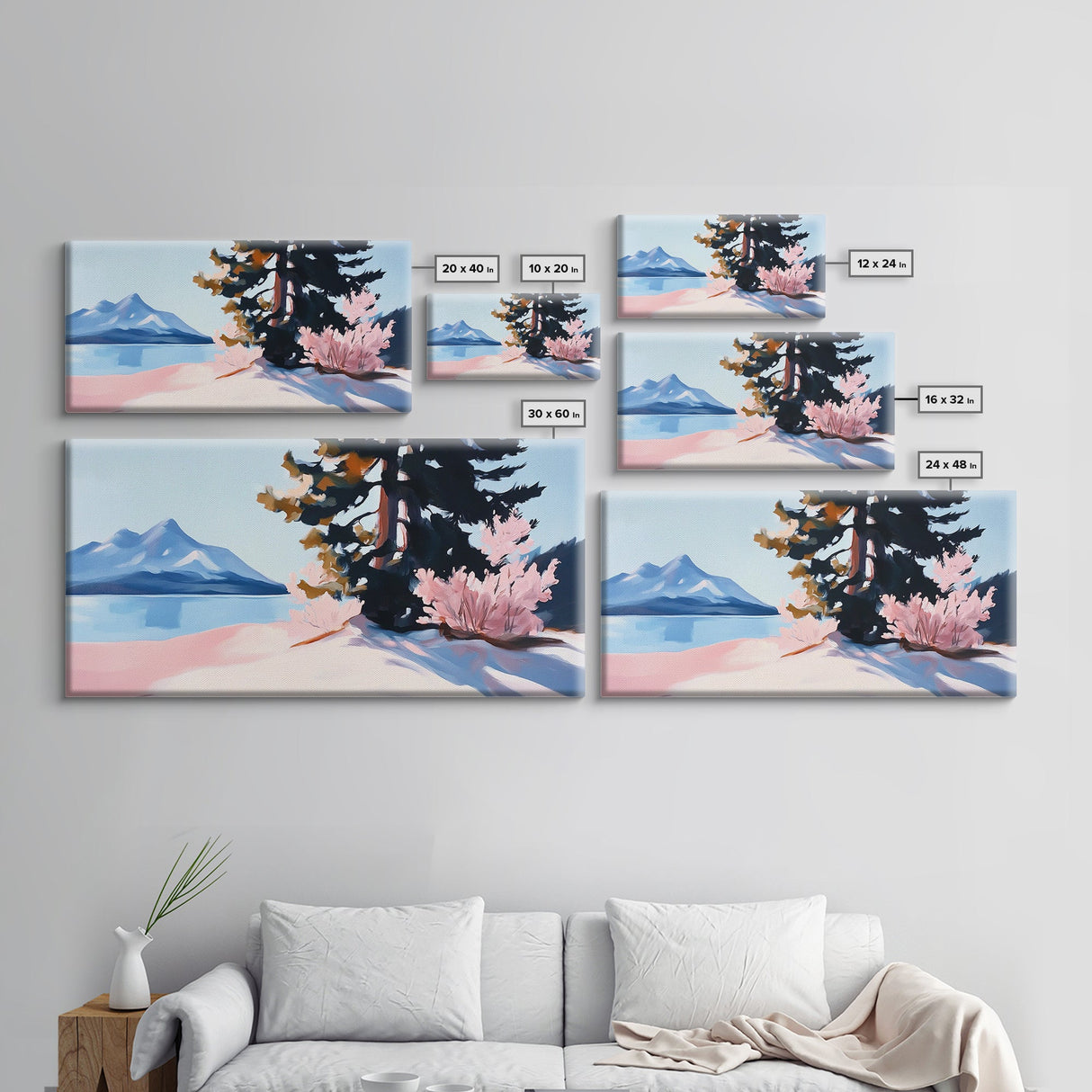 Mountain Landscape, Tranquil Lake Scene, Serene Nature Painting, Minimalist Home Decor, Rustic Wilderness Art, Framed Canvas Print
