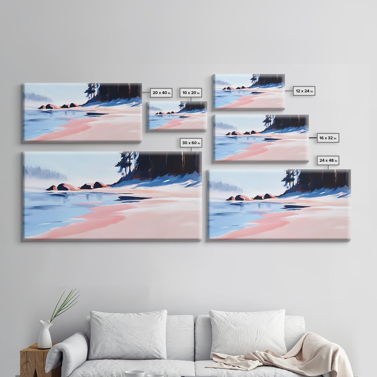 Misty Beach, Tranquil Ocean Scene, Soft Coastal Aesthetic, Framed Canvas Print, Minimalist Seascape, Relaxing Home Wall Decor