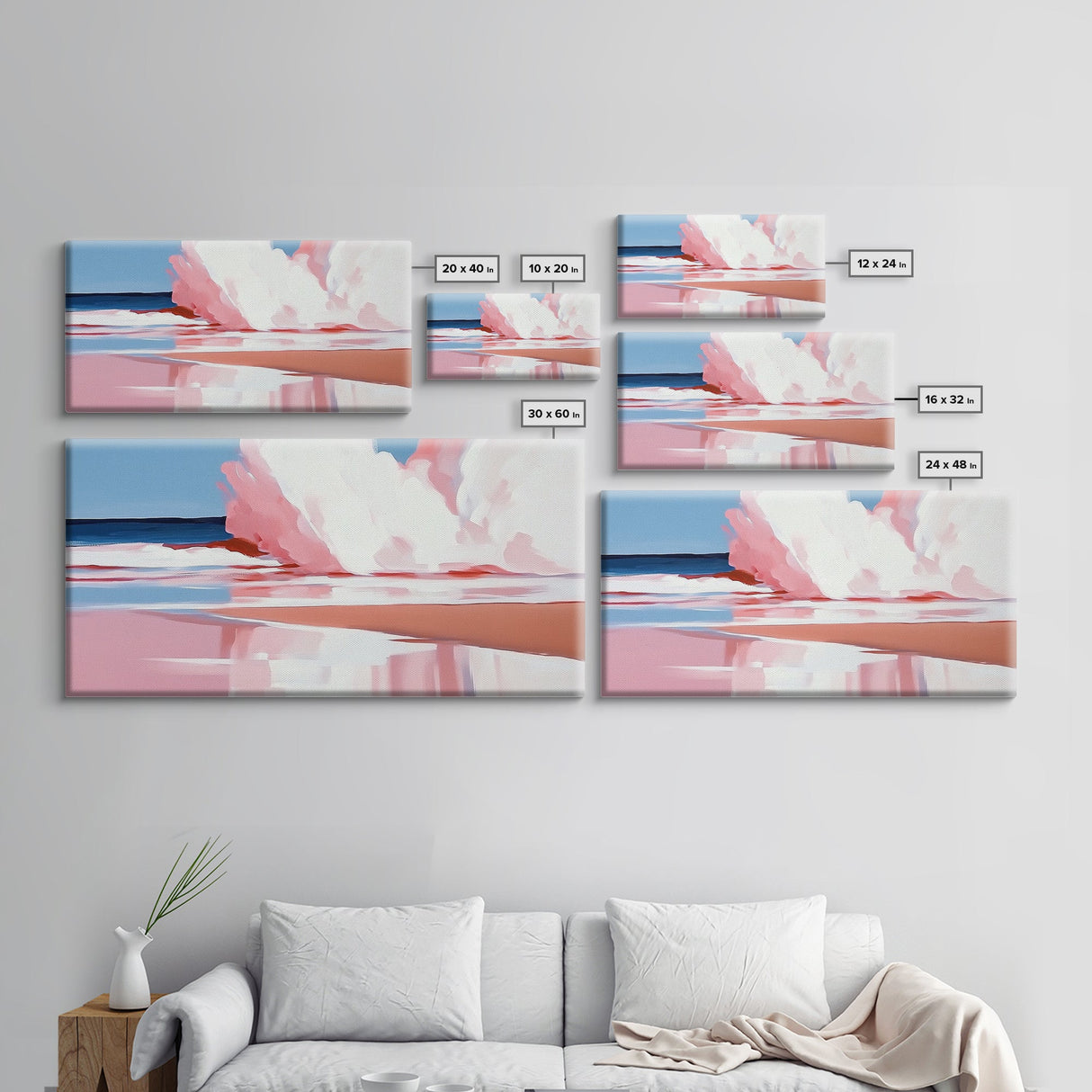 Ocean Wave, Pink Surf, Beach Reflection, Framed Canvas Print, Coastal Wall Art, Modern Minimalist Decor, Living Room Wall Art, Pastel Tones