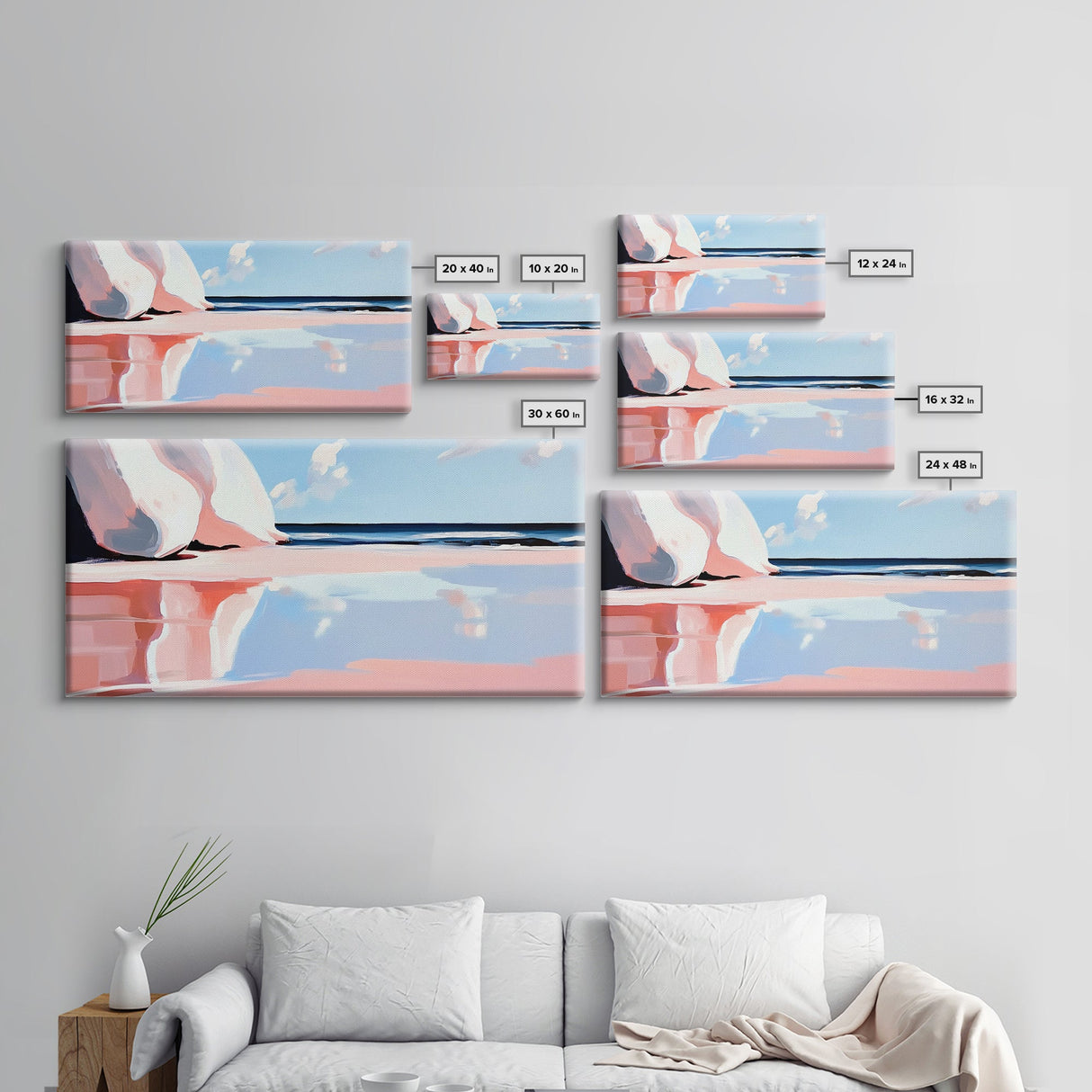 Pink Waves, Coastal Reflection, Ocean Art, Seascape Wall Decor, Bedroom Wall Art, Framed Canvas Print, Minimalist Beach Scene, Soft Pastels