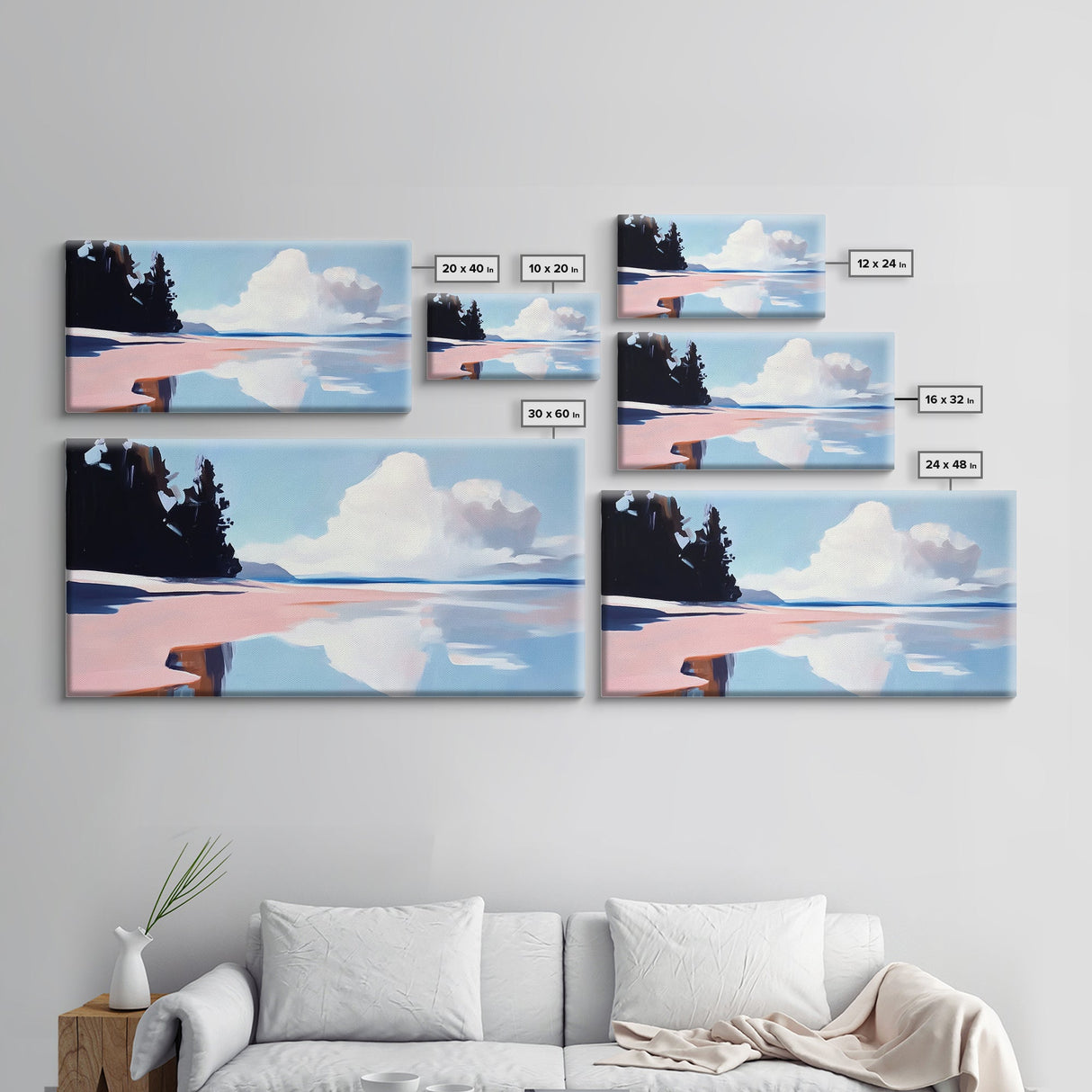 Cloudy Seascape Reflection, Tranquil Coastal Print, Minimalist Ocean Decor, Soft Pastel Landscape, Zen Home Art, Bedroom Framed Canvas Print