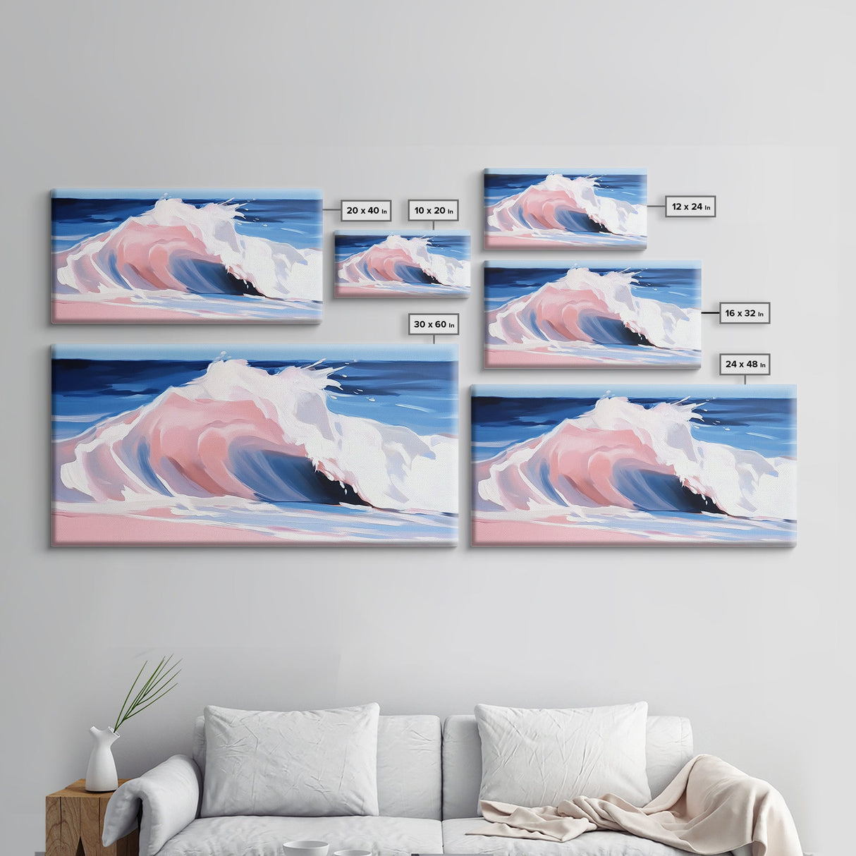 Pink Ocean, Abstract, Canvas Print, Coastal abstract painting, soft pastel waves, modern beach decor, minimalist seascape, tranquil water art