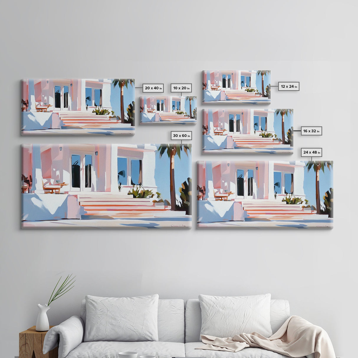 Palm Villa, Tropical House, Beach Home, Coastal Living, Pink Wall Art, Modern Architecture, Vacation House, Minimalist, Canvas Print
