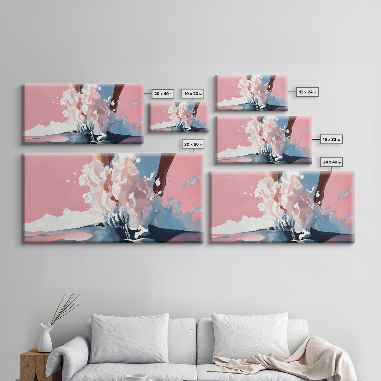 Splashing Water, Abstract Ocean Art, Pink Blue Aesthetic, Coastal Wall Decor, Modern Minimalist, Living Room Art, Canvas Print