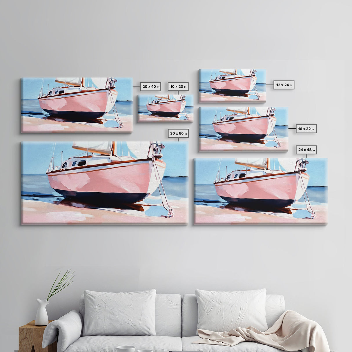 Sailboat Painting, Nautical Wall Art, Coastal Living Decor, Soft Pastel Blue and Pink, Ocean Scene, Beach House Aesthetic, Framed Canvas Print
