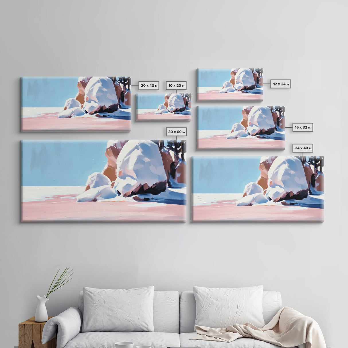 Snowy Rock Formations, Frozen Landscape, Minimalist Winter Art, Neutral Wall Decor, Framed Canvas Print, Bedroom Nature Artwork
