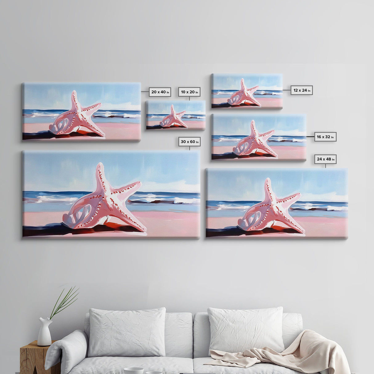 Starfish on Beach, Coastal Wall Art, Ocean Inspired Decor, Nautical Framed Canvas Print, Blue and Pink Summer Vibes Artwork