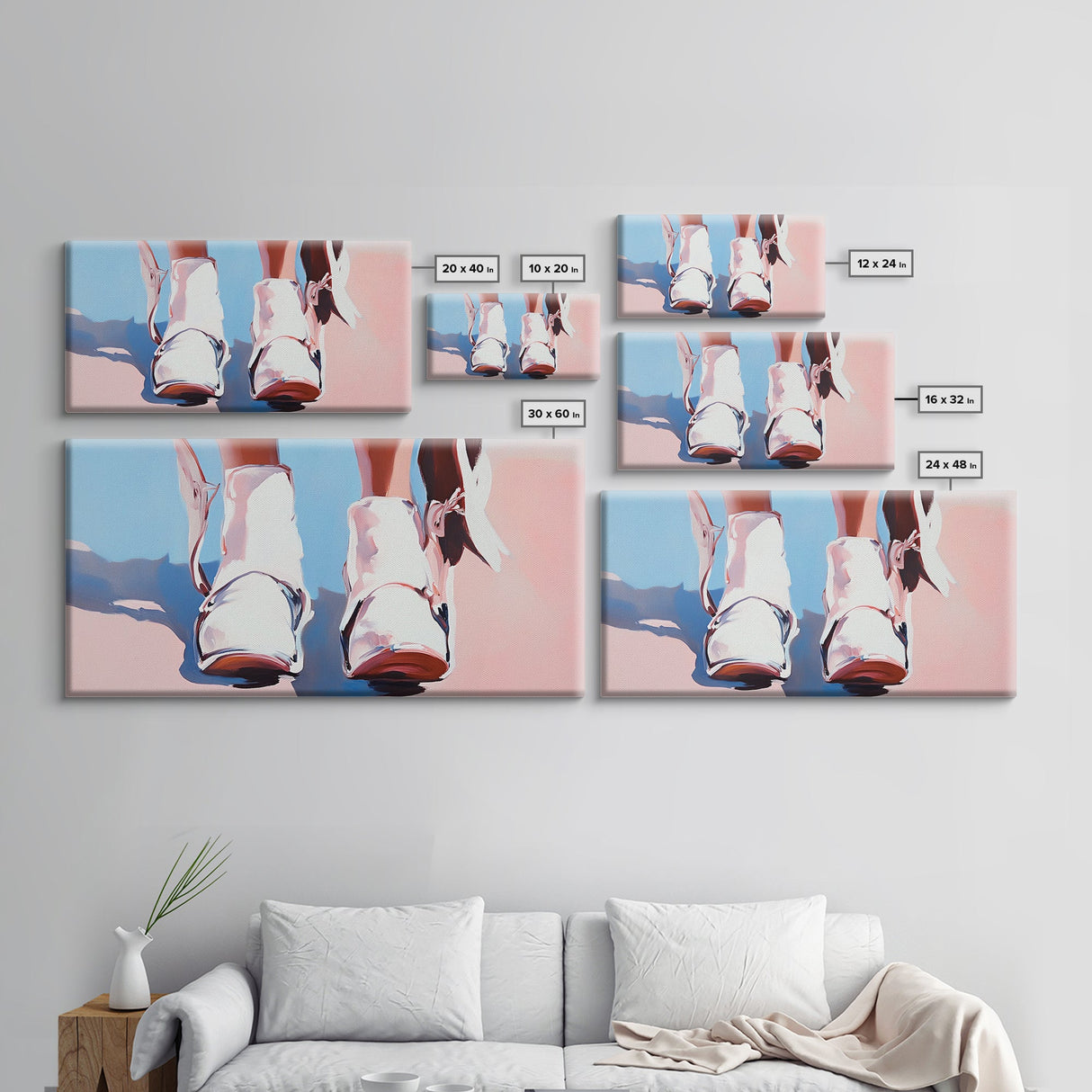 White Cowboy Boots, Western Fashion, Feminine Cowgirl Art, Stylish Wall Decor, Framed Canvas Print, Pink and Blue Aesthetic