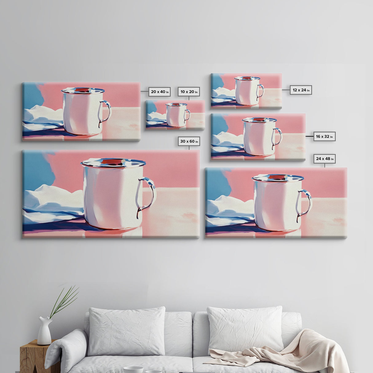 Enamel Mug, Rustic Kitchen, Framed Canvas Print, Minimalist Still Life, Vintage Aesthetic, Cozy Wall Art, Soft Pastel Painting